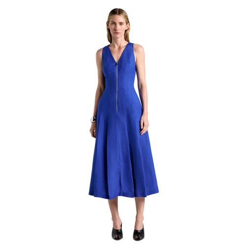 Cue Cobalt Linen Blend Zip Pleated Midi Dress